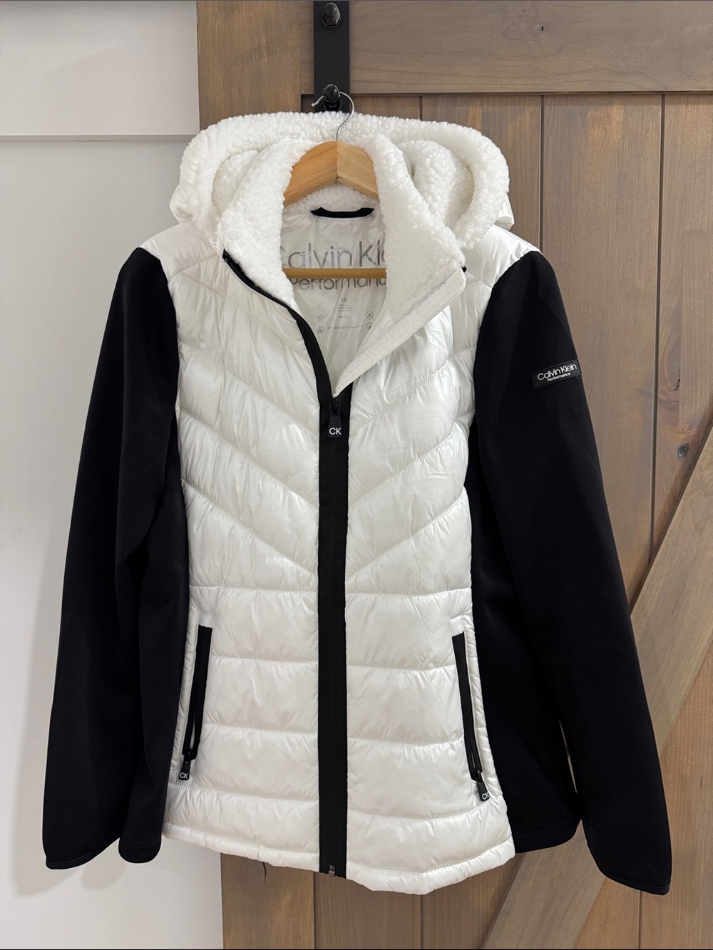 Calvin Klein White and Black Hooded Puffer Jacket